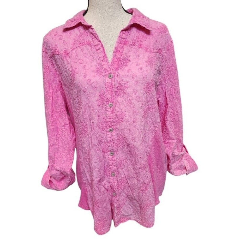 REBA Pink Embroidered Tab Sleeve Blouse Size XL NWT Cotton Country Chic